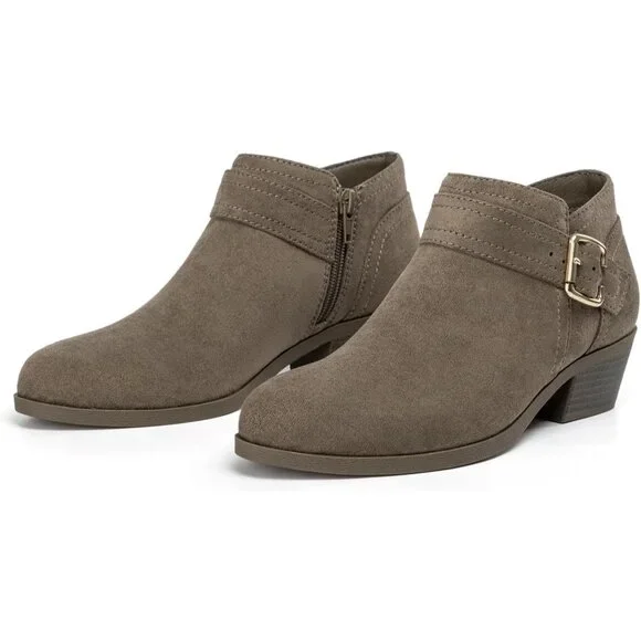Women's Chunky Low Heel Ankle Boots Pointed Toe Side Zipper Booties Taupe Suede - Picture 6 of 7